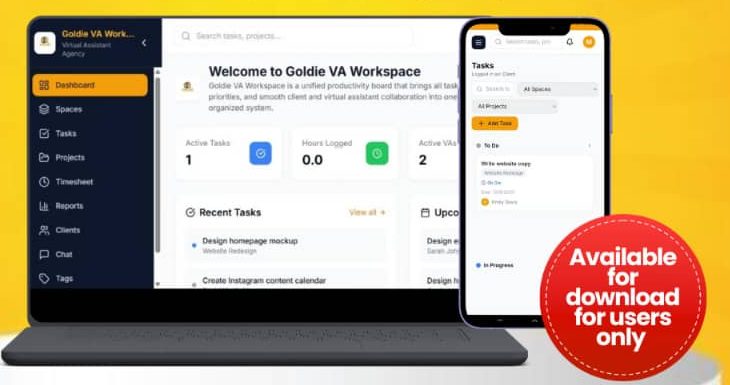 Goldie VA Workspace App shown on a laptop and phone