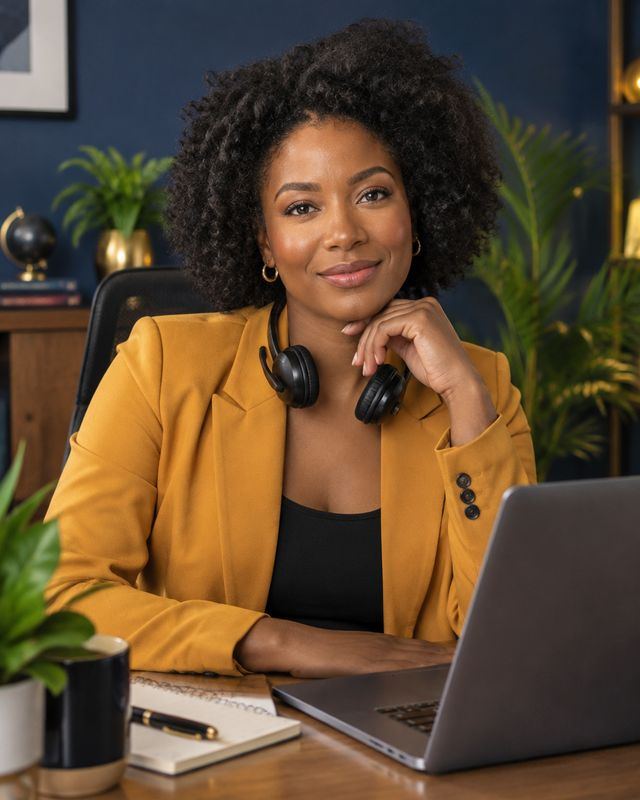 A confident Goldie VA at her desk with a laptop and headset