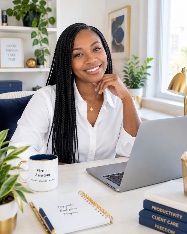 A smiling Goldie VA at her desk with a laptop